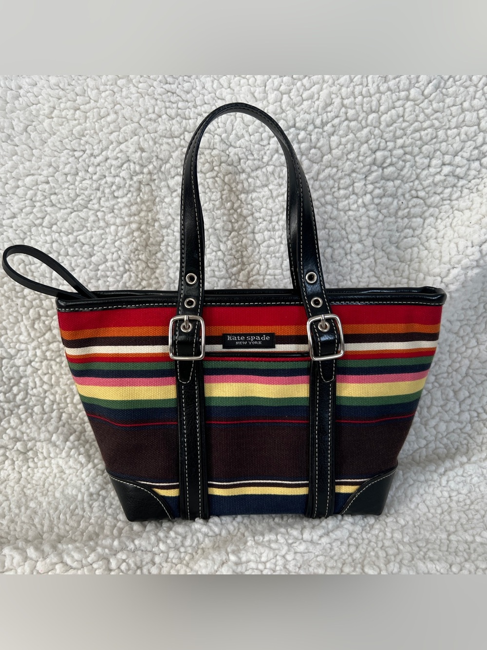 Vintage Kate Spade Muli Stripes Shoulder Bag Leather Look Accents. Stands Alone